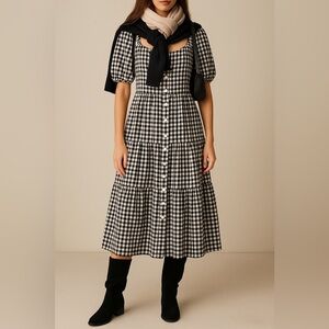 Gingham puff sleeves button front tiered cotton midi dress L cottagecore fall
